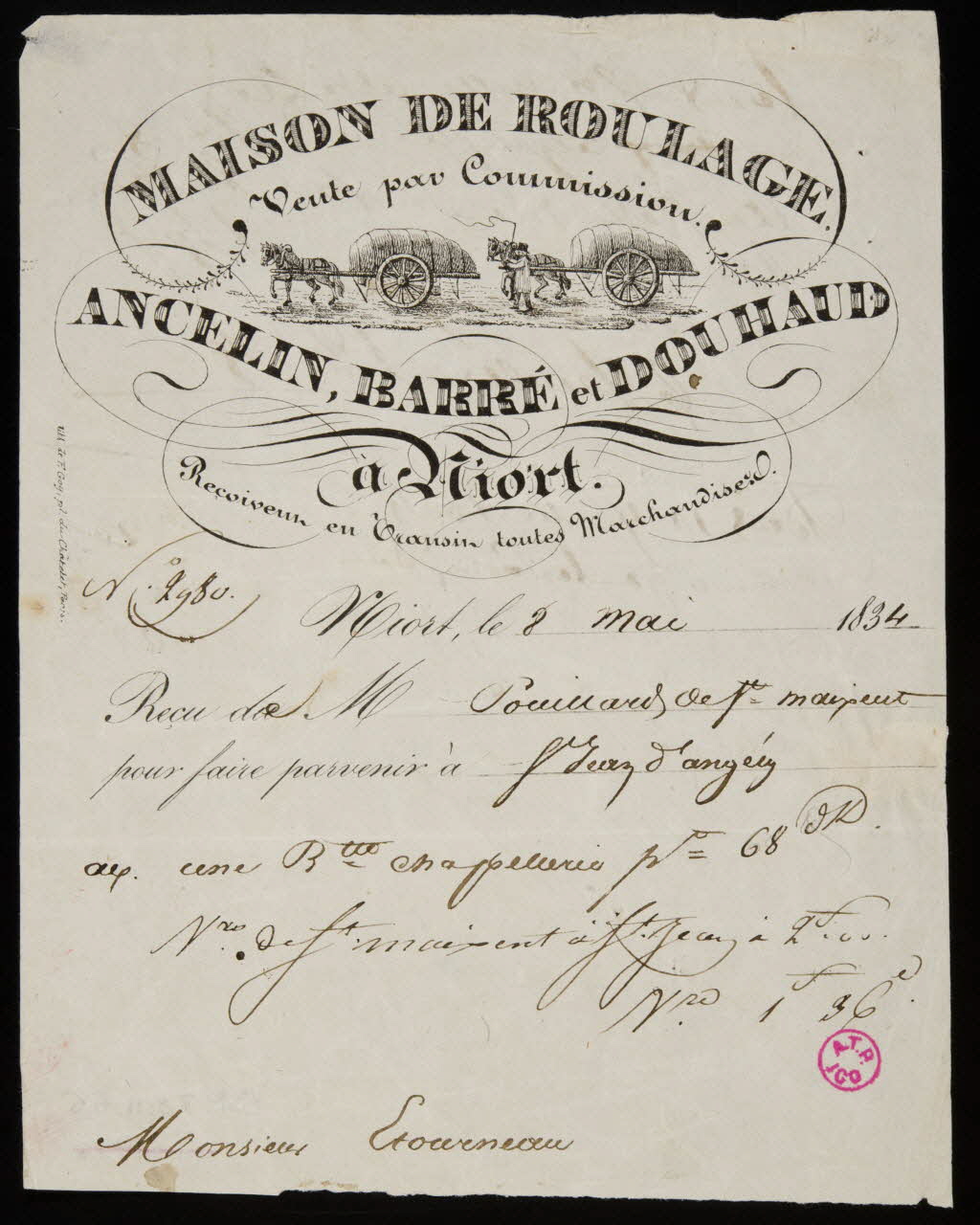 Goy F. facture MAISON DE ROULAGE.  ANCELIN, BARRE ET DOUHAUD  à Niort. Paris 1834 1938.11.66 Photo