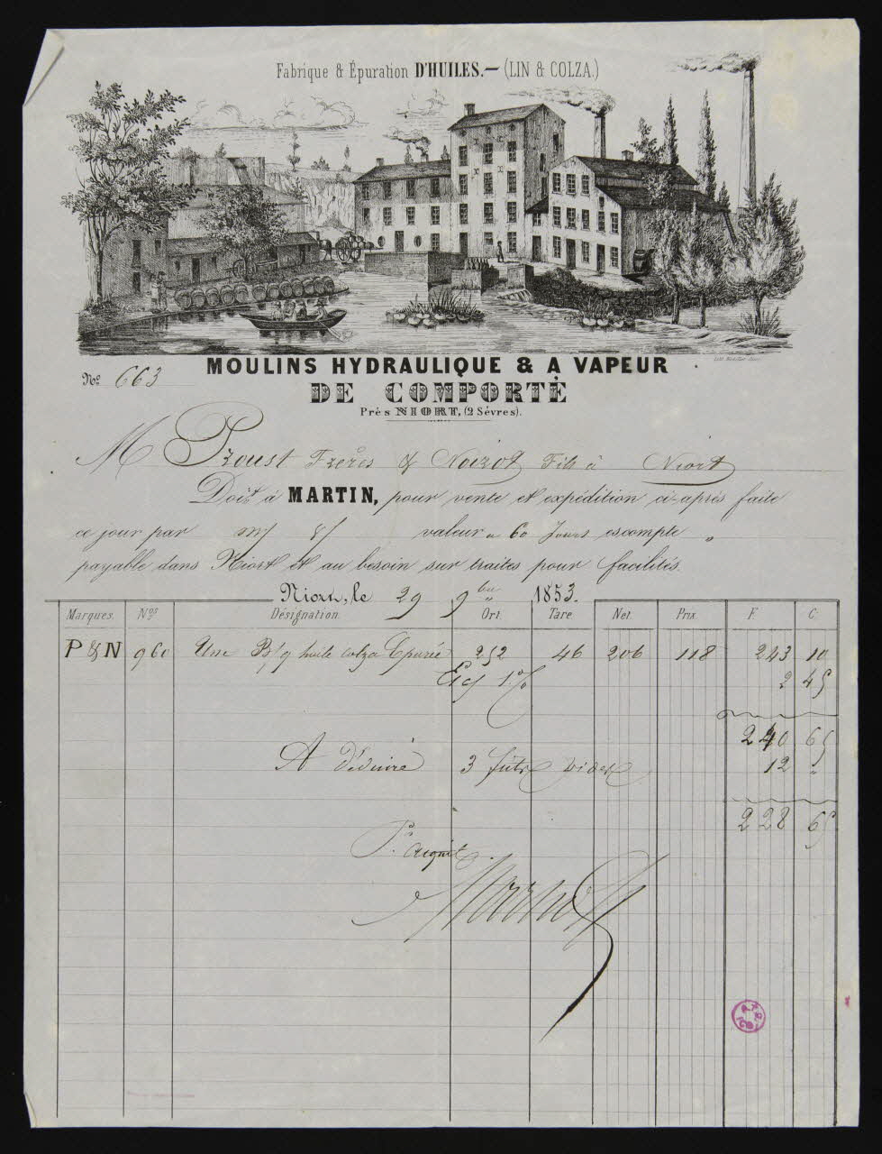 Echillet Henri facture Fabrique & Epuration D'HUILES. - (LIN & COLZA.)  MOULINS HYDRAULIQUE & A VAPEUR  DE COMPORTE  Près NIORT, (2 Sèvres). Niort 1853 1938.11.68 Photo