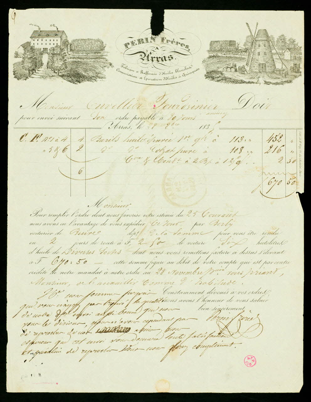 Goy F. papier de commerce PERIN Frères,  Fabrique et Raffinerie d'Huiles blanches Paris 1835 1938.11.69 Photo