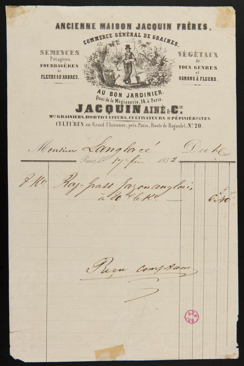 papier de commerce ANCIENNE MAISON JACQUIN FRERES  COMMERCE GENERAL DE GRAINES. Paris 1852 1938.11.70 Photo