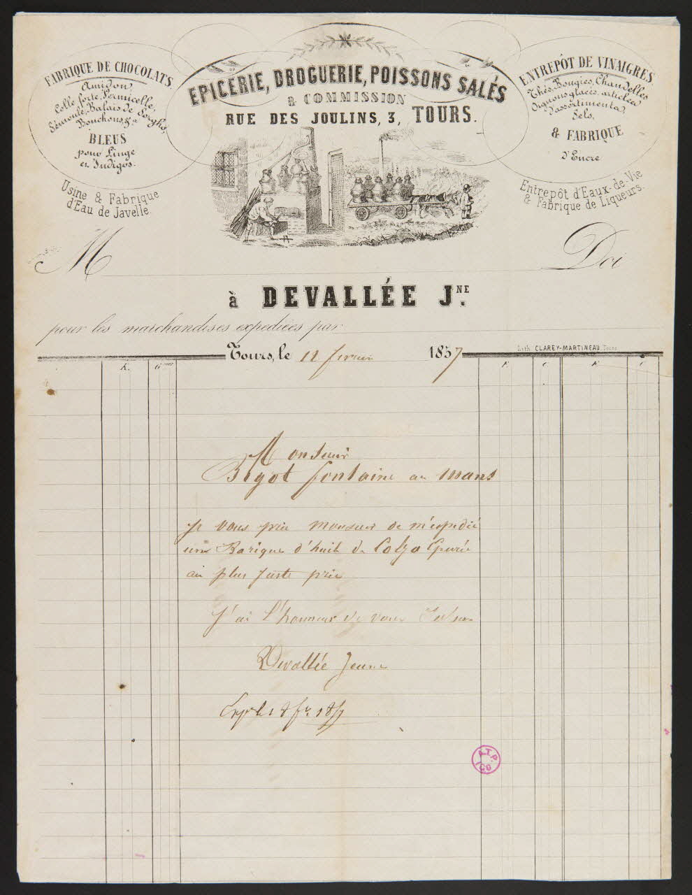 Alfred Clarey ; Martineau papier de commerce EPICERIE, DROGUERIE, POISSONS SALES  A COMMISSION  RUE DES JOULINS, 3, TOURS. Tours 1857 1938.11.71 Photo