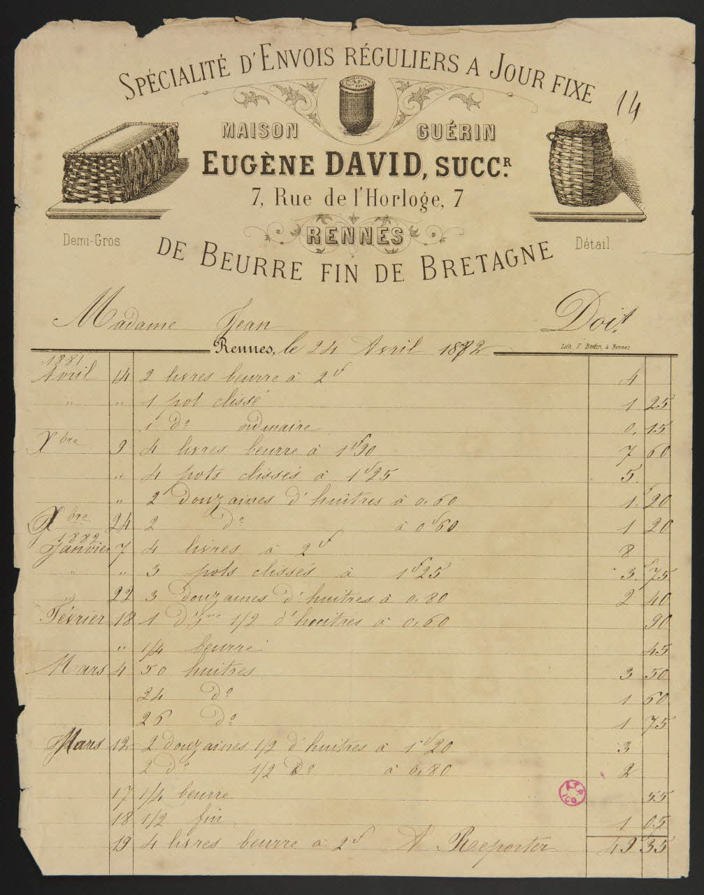 Bodin F. facture SPECIALITE D'ENVOIS REGULIERS A JOUR FIXE  DE BEURRE FIN DE BRETAGNE Rennes 1882 1938.11.72 Photo