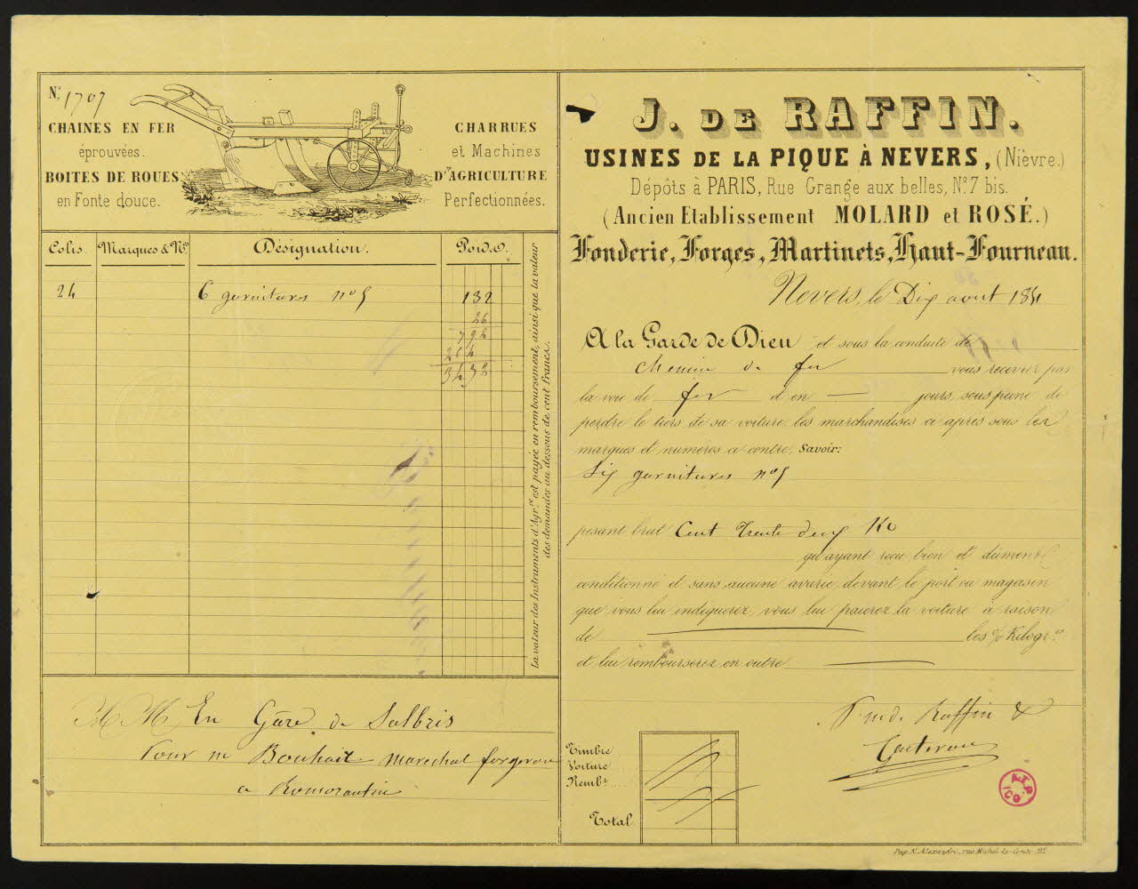 papier de commerce J. DE RAFFIN.  USINES DE LA PIQUE A NEVERS, (Nièvre.) Paris 1851 1938.11.73 Photo