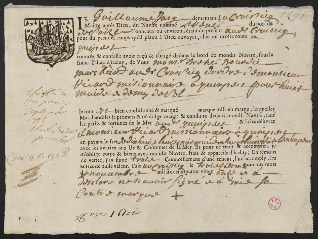 imagerie ancienne Avis de transport maritime France 1691 1938.11.74 Photo