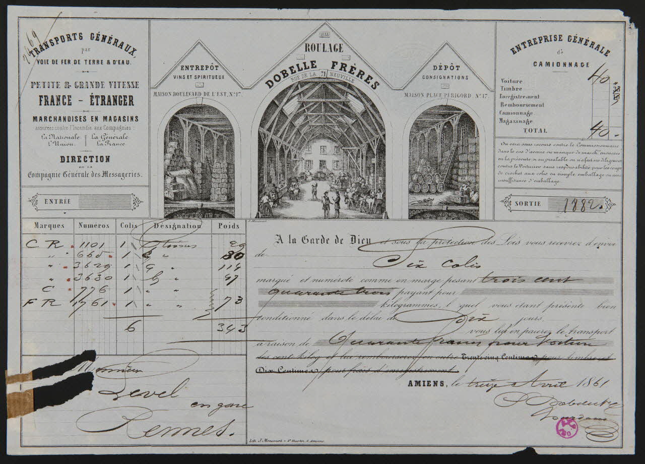 Moncourt J. facture TRANSPORTS GENERAUX  par  VOIE DE FER, DE TERRE & D'EAU. Amiens 1858-1861 1938.11.75 Photo