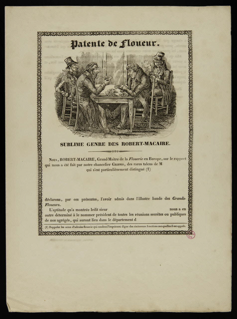 François Georgin ; Pellerin brevet Patente de Floueur.  SUBLIME GENRE DES ROBERT-MACAIRE. Lorraine, France 1822-1863 1938.13.3 Photo