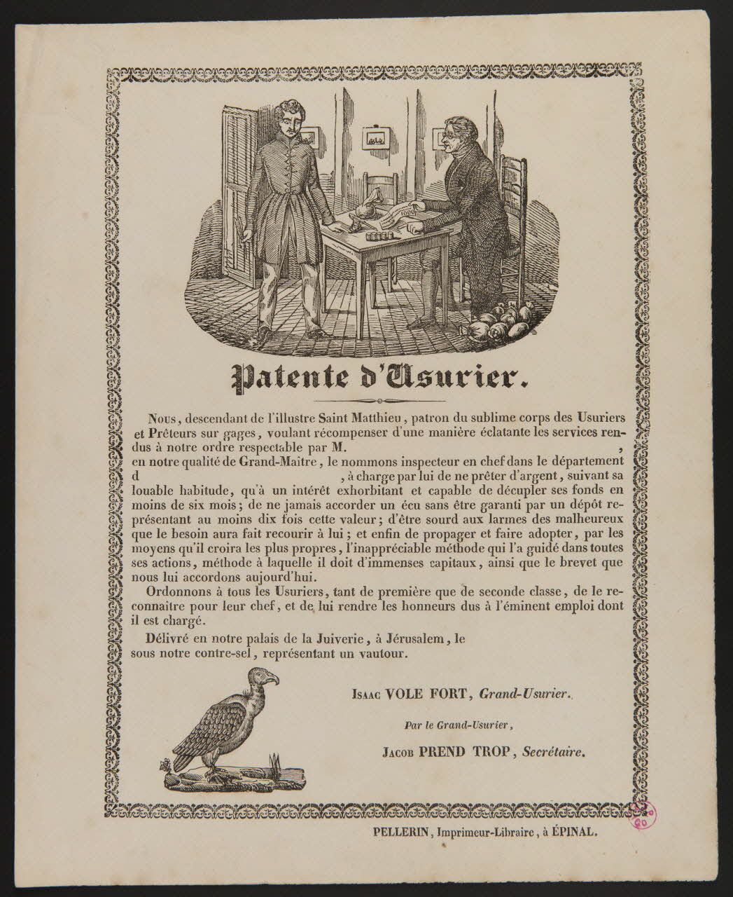 Pellerin brevet Patente d'Usurier. Lorraine, France 1837 1938.13.4 Photo