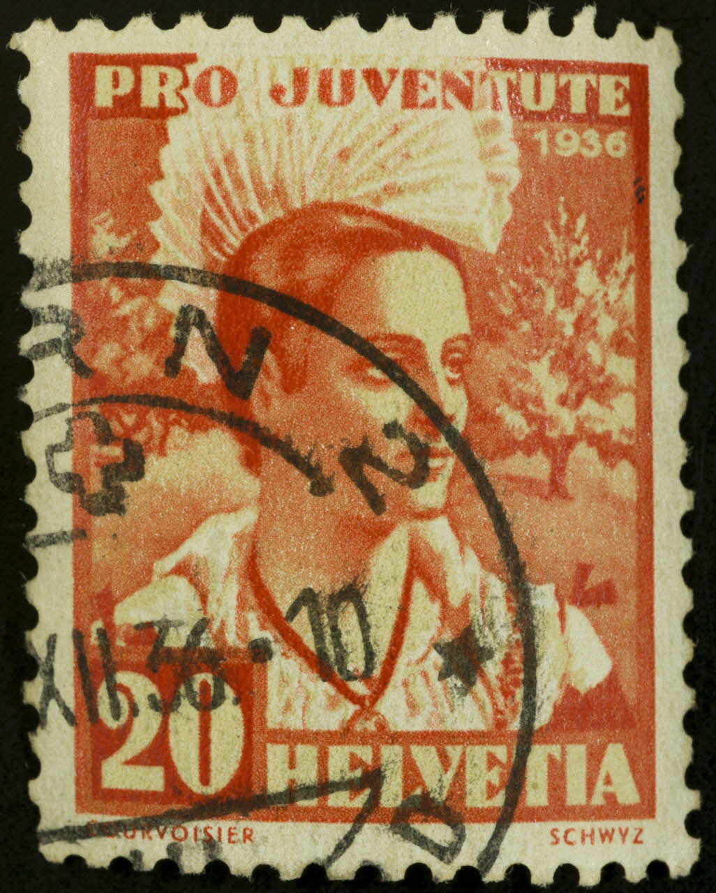 Courvoisier timbre PRO JUVENTUTE  HELVETIA  SCHWYZ Suisse 1936 1938.16.25 Photo
