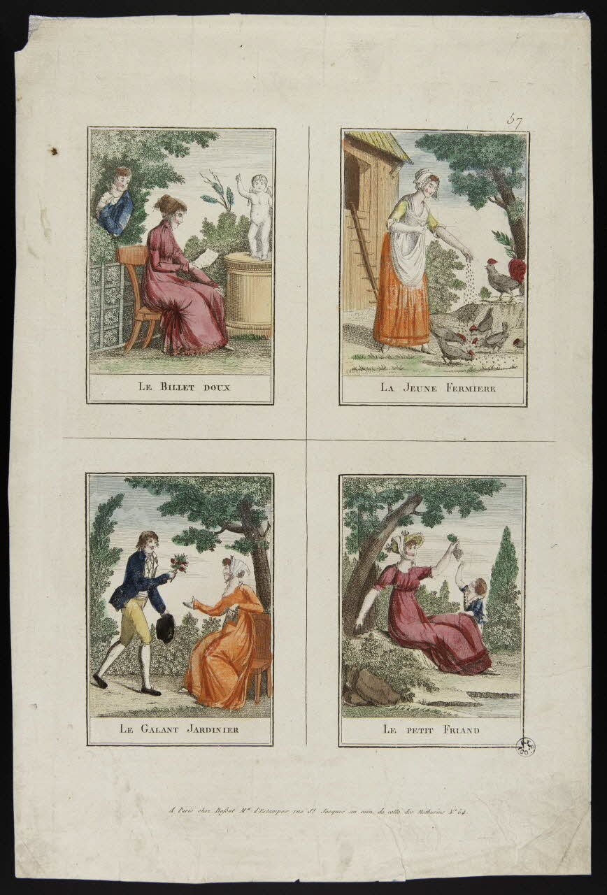 Basset. Paris imagerie ancienne LE BILLET DOUX.  LA JEUNE FERMIERE.  LE GALANT JARDINIER.  LE PETIT FRIAND Paris 1820-1837 1938.25.113 Photo