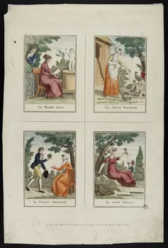 Basset. Paris imagerie ancienne LE BILLET DOUX.  LA JEUNE FERMIERE.  LE GALANT JARDINIER.  LE PETIT FRIAND Paris 1820-1837 1938.25.113 Photo
