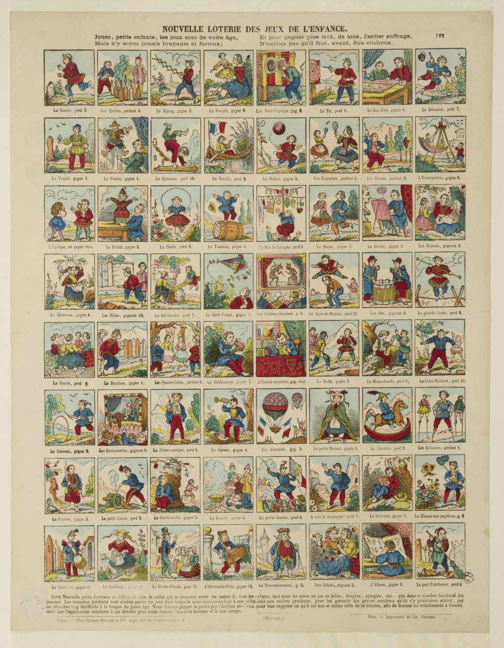 Léonce Schérer ; Charles Thomas ; Guérin-Muller et Cie (librair suite de figures (8x8) NOUVELLE LOTERIE DES JEUX DE L'ENFANCE. Metz 1865-1872 1938.25.68 Photo