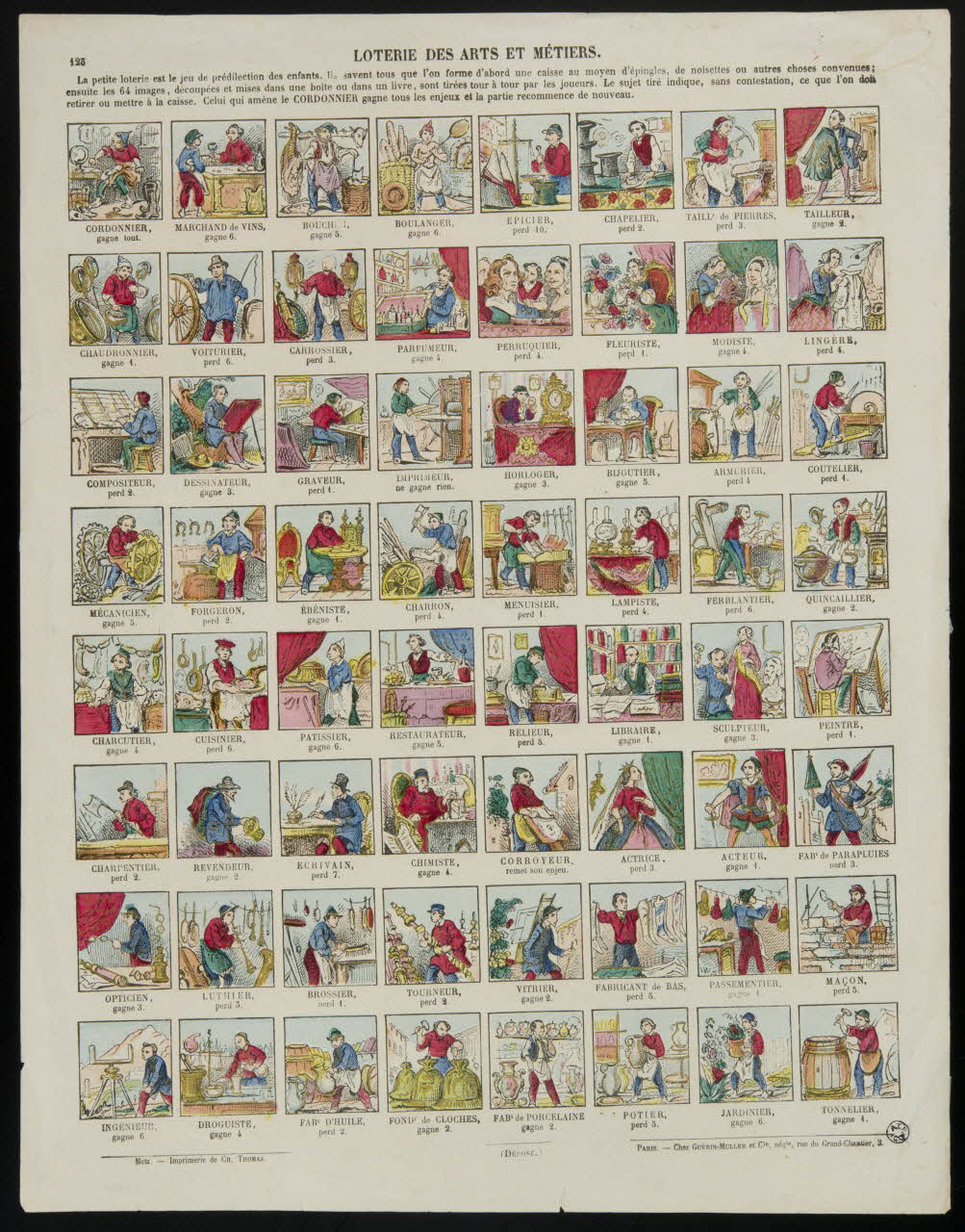 Léonce Schérer ; Charles Thomas ; Guérin-Muller et Cie (librair jeu LOTERIE DES ARTS ET METIERS. Metz 1865-1872 1938.25.74 Photo