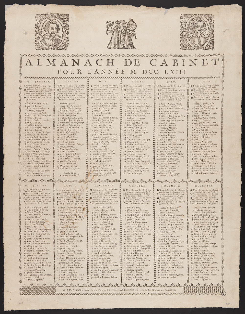 Faulcon Jean l'Ainé imagerie ancienne ALMANACH DE CABINET  POUR L'ANNEE MDCCLXIII Poitiers 1762 1938.25.96 Photo