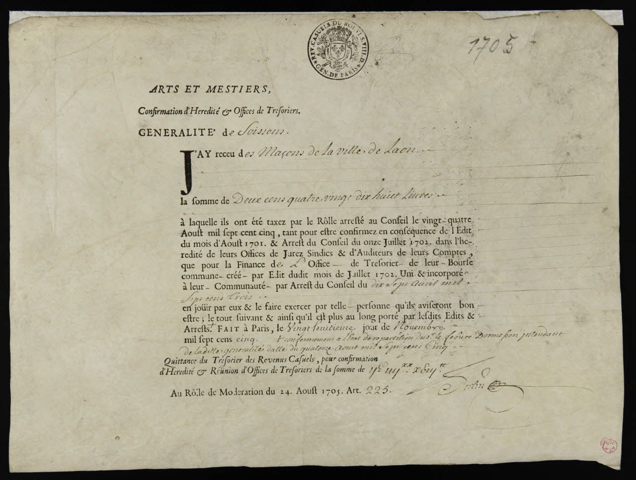 facture ARTS ET MESTIERS.  Confirmation d'Heredité & Offices de Tresoriers.  GENERALITE de Soissons. Paris 1705 1938.3.4 Photo
