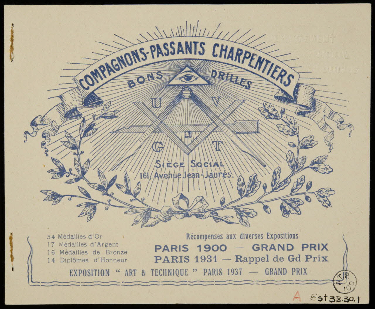 Farre-Tournan carte d'invitation COMPAGNONS-PASSANTS CHARPENTIERS France 1938 1938.30.1 Photo