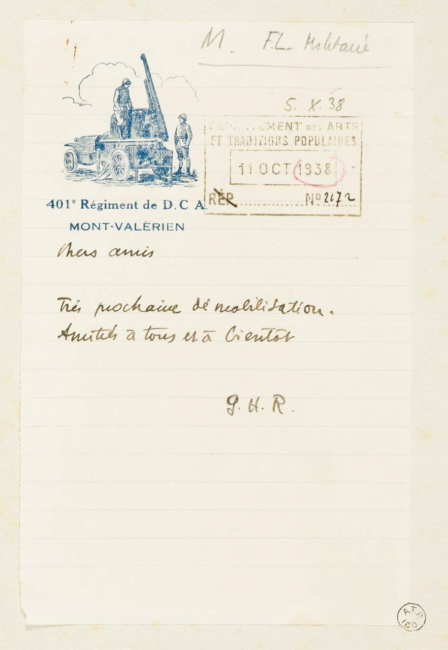 Georges Henri Rivière papier à lettre 401e Régiment de D.C A.  MONT-VALERIEN France 1938 1938.36.1 Photo