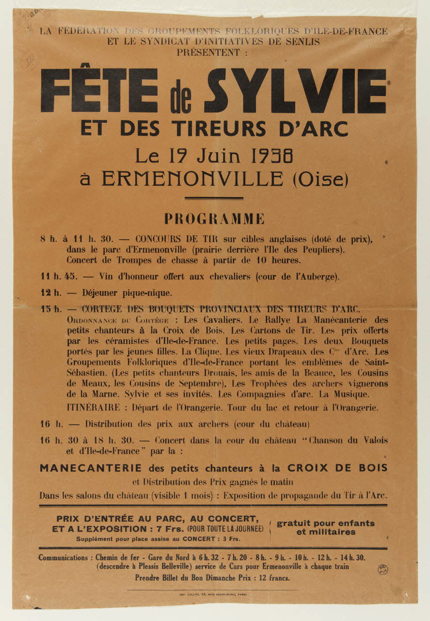 Gillot ; Gillot (imprimeur, libraire, éditeur) (i affiche FETE de SYLVIE  ET DES TIREURS D'ARC Paris 1938 1938.37.1 Photo