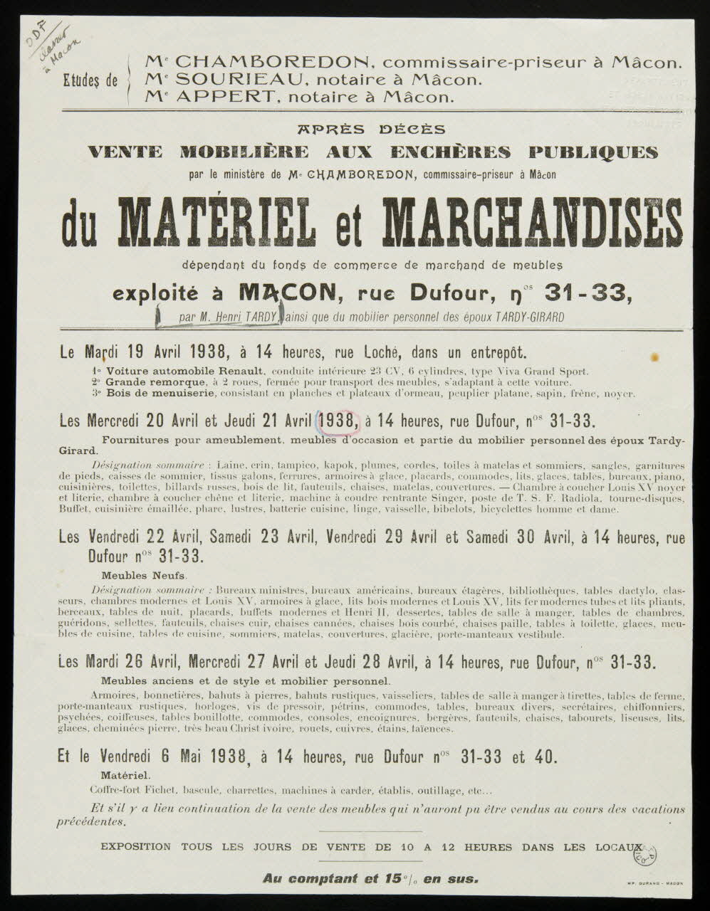 Durand affiche VENTE MOBILIERE AUX ENCHERES PUBLIQUES  du MATERIEL et MARCHANDISES Mâcon 1938 1938.38.1 Photo