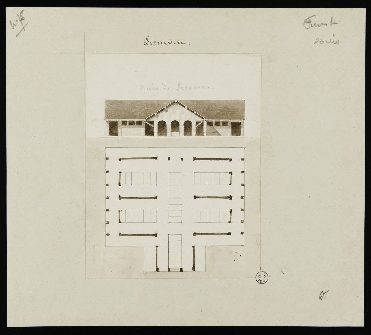 dessin Lesneven.  Halle de Lesneven 1938 1938.4.3 Photo