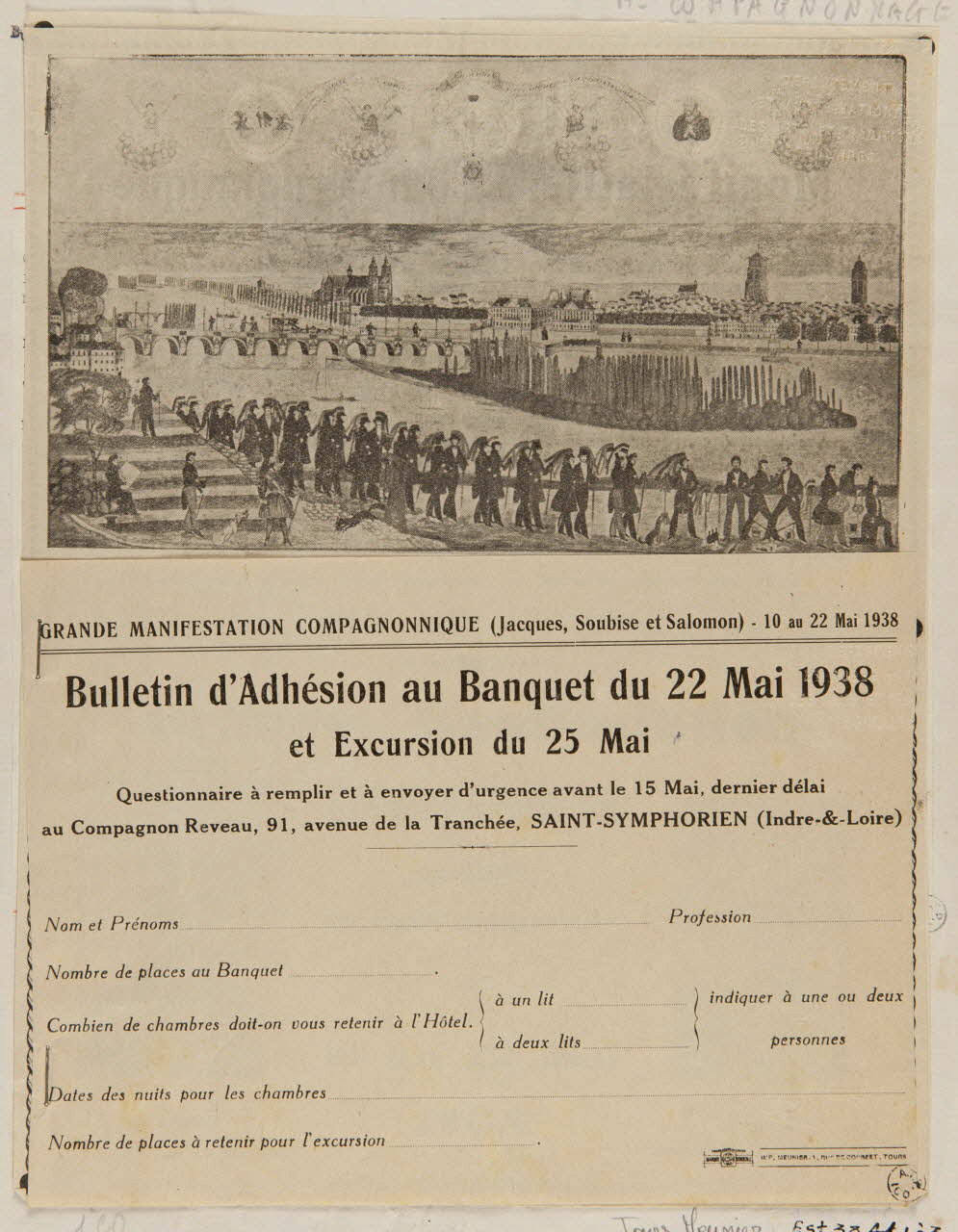 Meunier conduite Bulletin d'Adhésion au Banquet du 22 Mai 1938  et Excursion du 25 Mai Tours 1938 1938.41.1.1-4 Photo