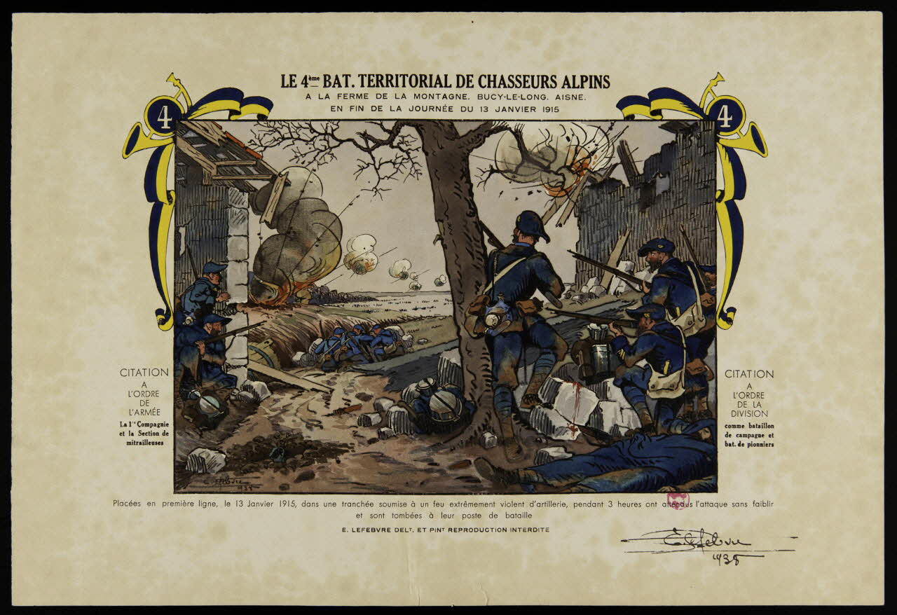 estampe LE 4EME BAT. TERRITORIAL DE CHASSEURS ALPINS  A LA FERME DE LA MONTAGNE. BUCY-LE-LONG. AISNE.  EN FIN DE LA JOURNEE DU 13 JANVIER 1915 1938.5.3.2 Photo