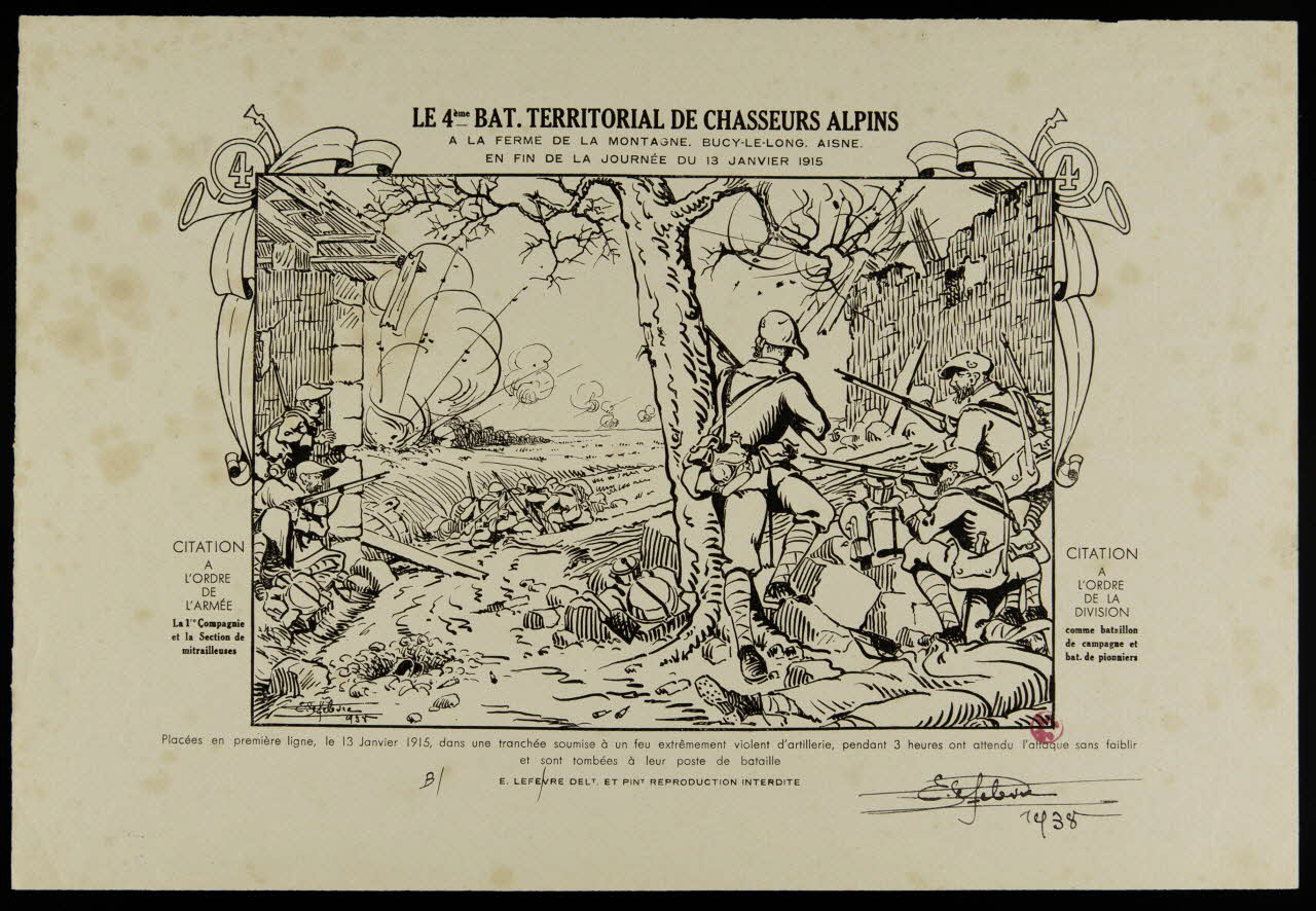 estampe LE 4EME BAT.TERRITORIAL DE CHASSEURS ALPINS  A LA FERME DE LA MONTAGNE.BUCY-LE-LONG.AISNE EN FIN DE JOURNEE DU 13 JANVIER 1915 1938.5.4.2 Photo