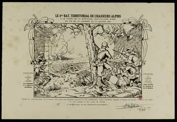 estampe LE 4EME BAT.TERRITORIAL DE CHASSEURS ALPINS  A LA FERME DE LA MONTAGNE.BUCY-LE-LONG.AISNE EN FIN DE JOURNEE DU 13 JANVIER 1915 1938.5.4.2 Photo