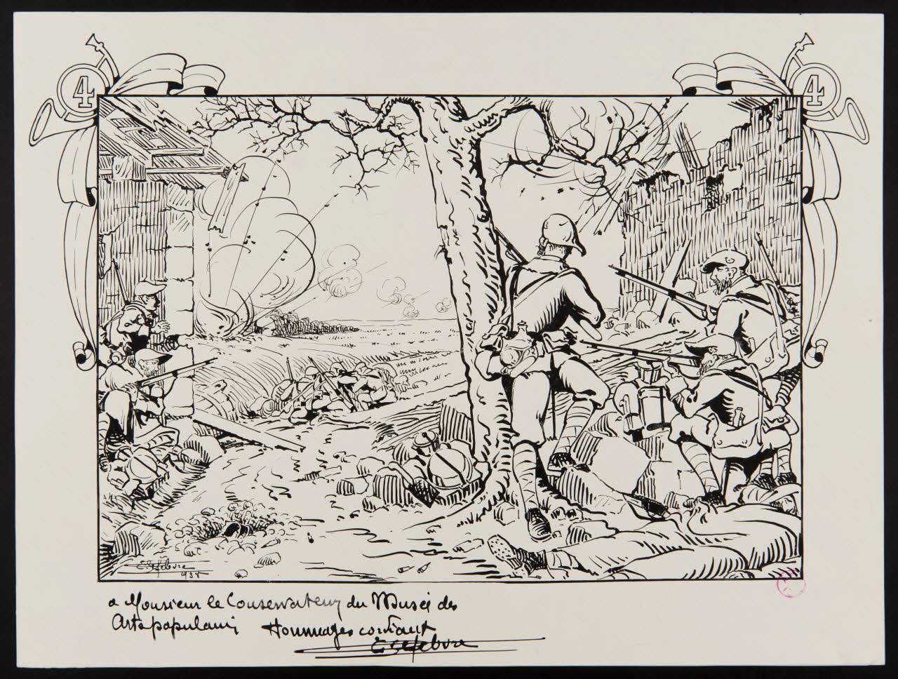 Eugène Lefèbvre estampe LE 4EME BAT.TERRITORIAL DE CHASSEURS ALPINS  A LA FERME DE LA MONTAGNE.BUCY-LE-LONG.AISNE.EN FIN DE JOURNEE DU 13 JANVIER 1915 1938 1938.5.5 Photo