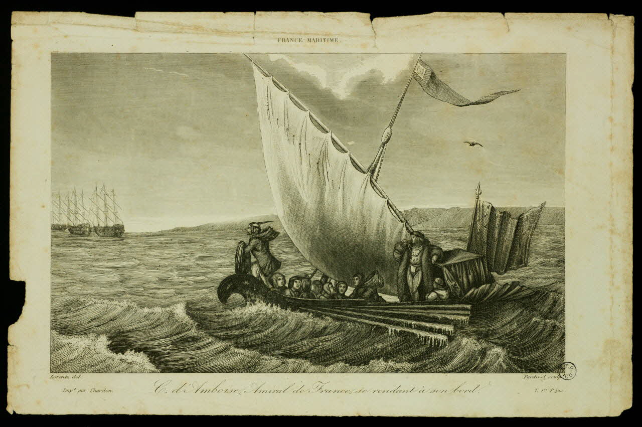 Pardinel Jean Charles ; Lorentz ; Chardon estampe C. d'Amboise, Amiral de France, se rendant à son bord. France 1837 1938.6.106 Photo