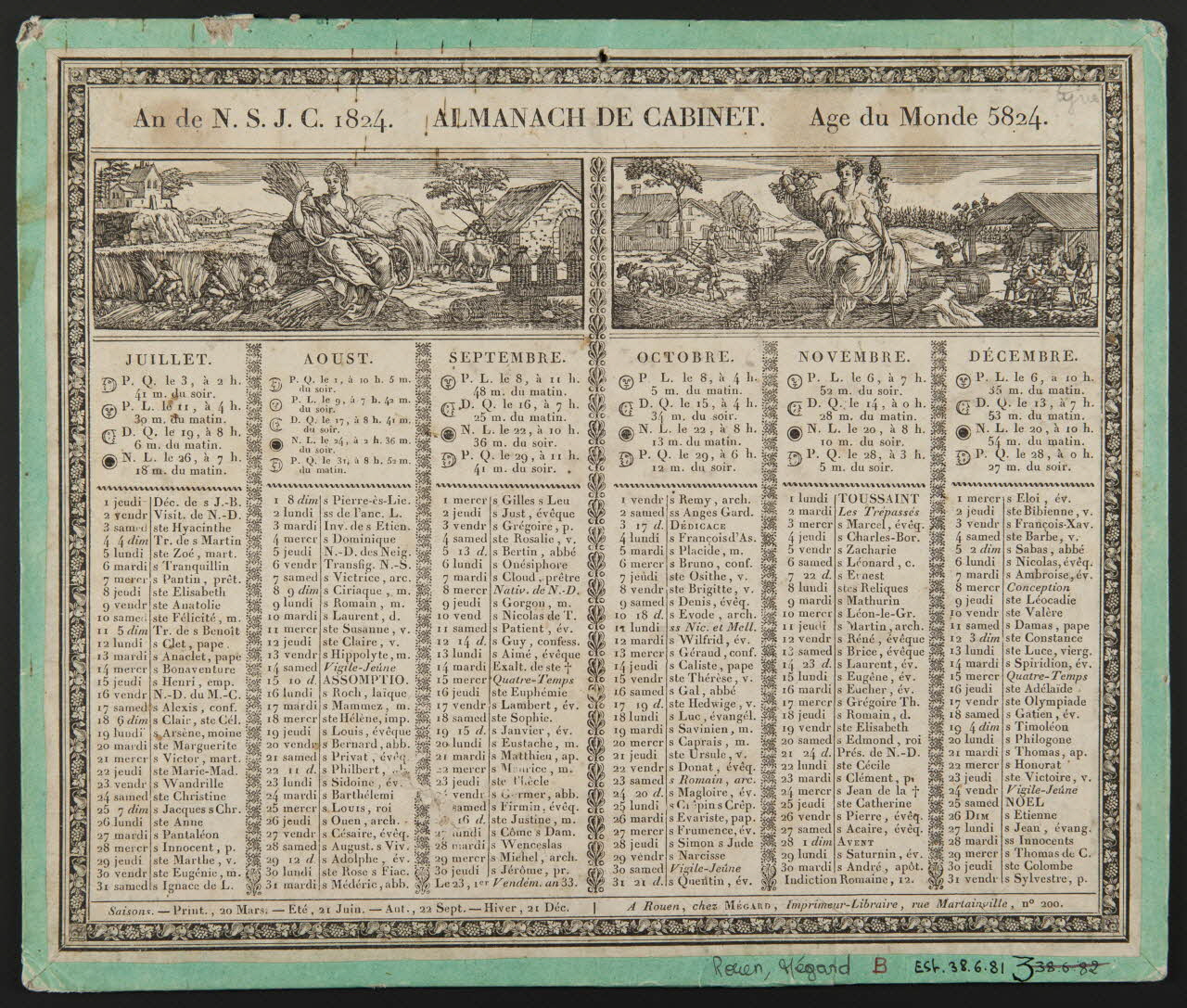 Mégard Jean-Baptiste-Pierre-Sébastien imagerie ancienne AN DE N.S.J.C. 1824. ALMANACH DE CABINET. Age du Monde 5824. Rouen 1823 1938.6.81 Photo