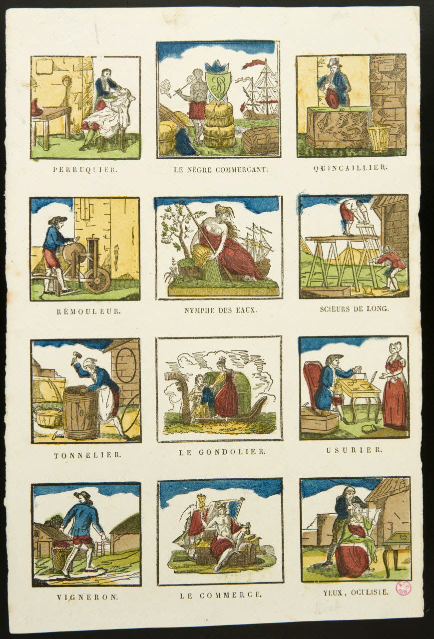 Besnard J. ; Antoine Thiébault ; Durouchail Pierre imagerie ancienne Planche de petits métiers et d'allégories Lille 1829-1837 1938.9.15 Photo