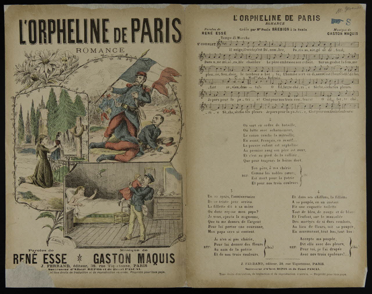 Vitou J. ; Ludovic ; J. Ferrand estampe L'ORPHELINE DE PARIS  ROMANCE Paris 1870 1938.9.32 Photo