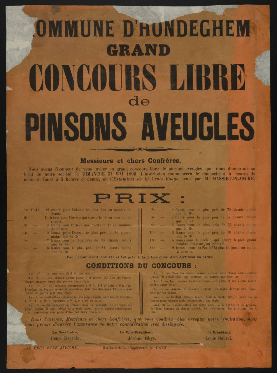 David affiche COMMUNE D'HONDEGHEM  GRAND  CONCOURS LIBRE  de  PINSONS AVEUGLES Hazebrouck 1896 1939.1.5 Photo
