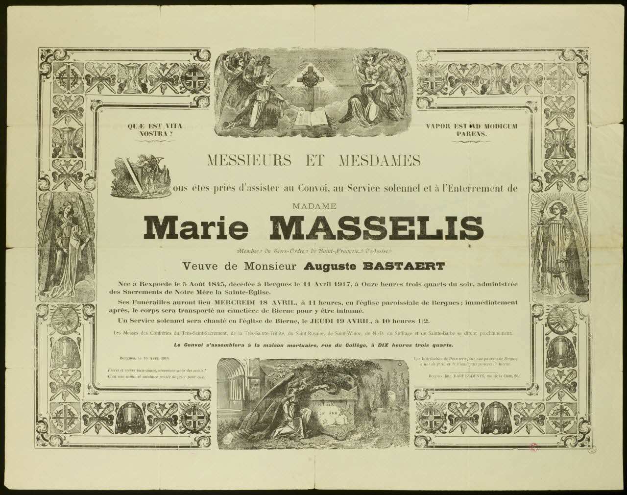 Barbez ; Denys faire-part mortuaire Avis de funérailles de Madame Marie Masselis Bergues 1917 1939.2.5 Photo