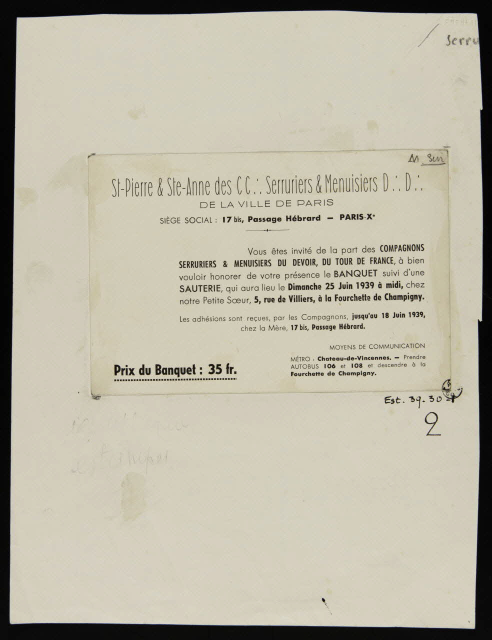 carte d'invitation Invitation à un banquet des compagnons serruriers et menuisiers du devoir Paris 1939 1939.30.1 Photo