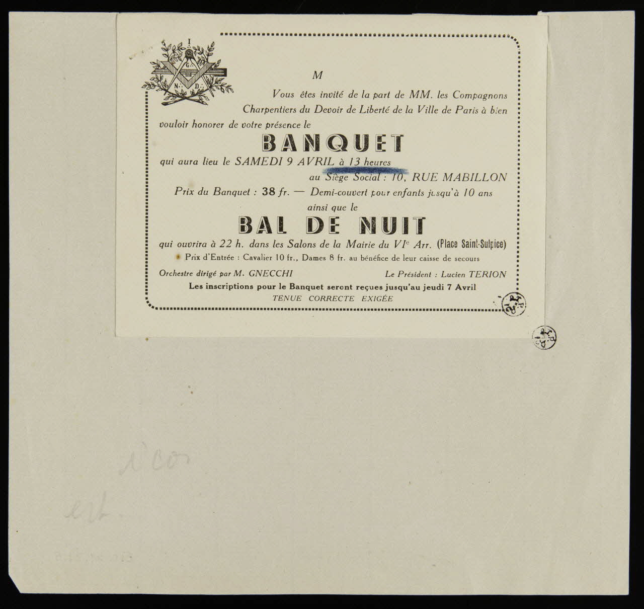 carte d'invitation Invitation à un banquet et un bal donnés par les compagnons charpentiers du devoir France 1934-1944 1939.31.5 Photo