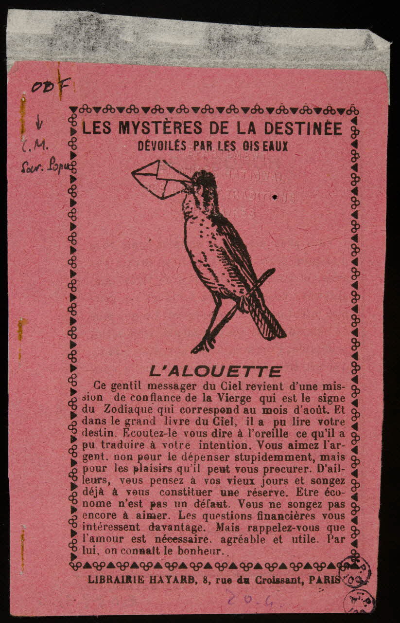 Léon Hayard estampe LES MYSTERES DE LA DESTINEE  DEVOILES PAR LES OISEAUX  L'ALOUETTE Paris 1939 1939.31.6 Photo