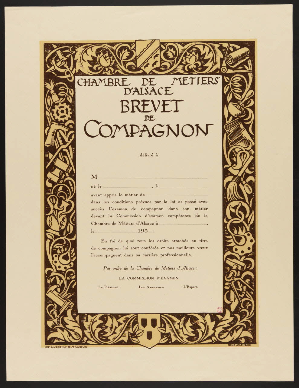 estampe CHAMBRE DE METIERS  D'ALSACE  BREVET  DE  COMPAGNON 1939.4.2.1 Photo