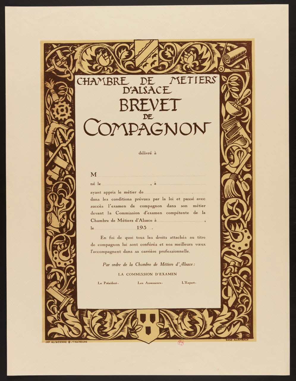 estampe CHAMBRE DE METIERS  D'ALSACE  BREVET  DE  COMPAGNON 1939.4.2.2 Photo