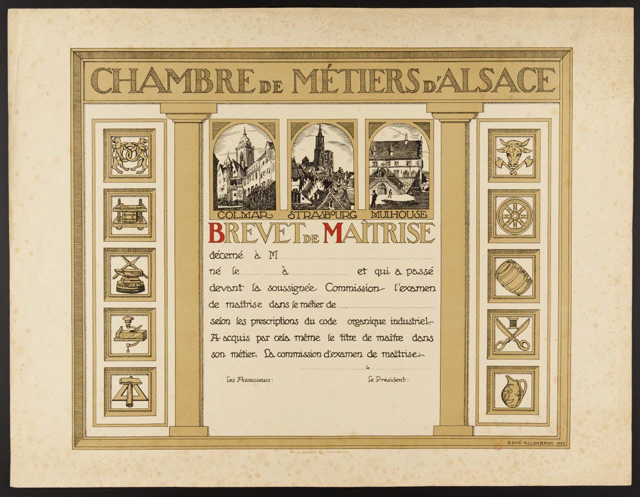 estampe CHAMBRE DE METIERS D'ALSACE  BREVET DE MAÎTRISE 1939.4.3.1 Photo