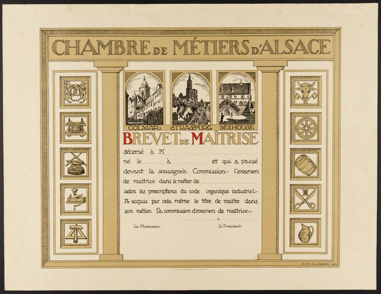 estampe CHAMBRE DE METIERS D'ALSACE  BREVET DE MAÎTRISE 1939.4.3.2 Photo