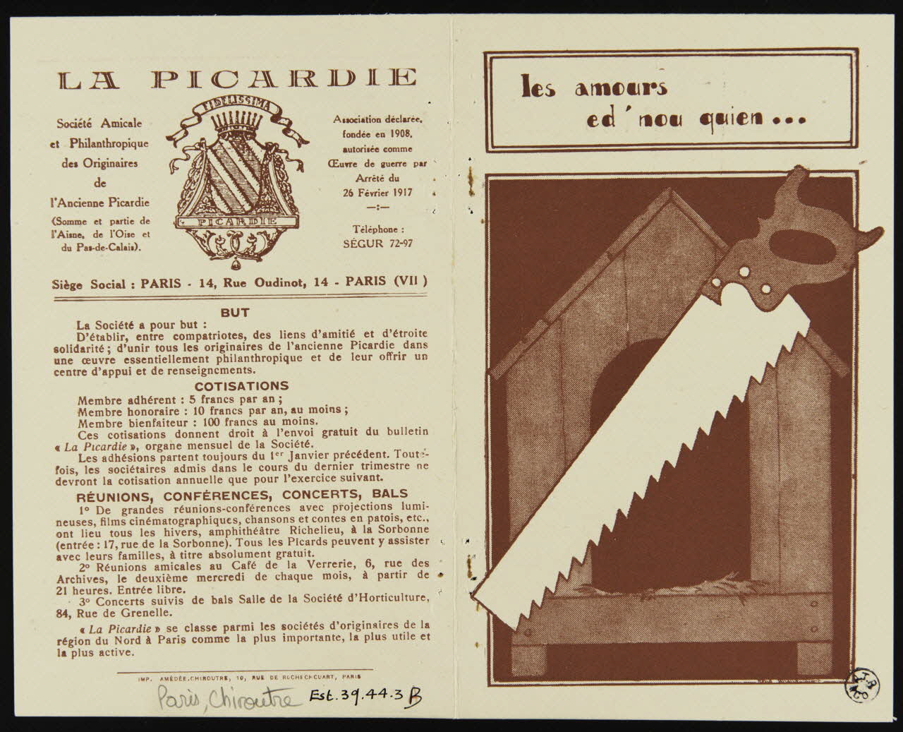 Brandicourt René ; Chiroutre Amédée partie d'un ensemble d'estampes les amours  ed' nou quien... Paris 1917-1939 1939.44.3 Photo
