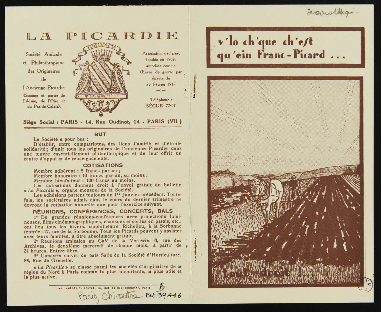 Brandicourt René ; Chiroutre Amédée partie d'un ensemble d'estampes v'lo ch'que ch'est  qu'ein Franc-Picard... Paris 1917-1939 1939.44.6 Photo