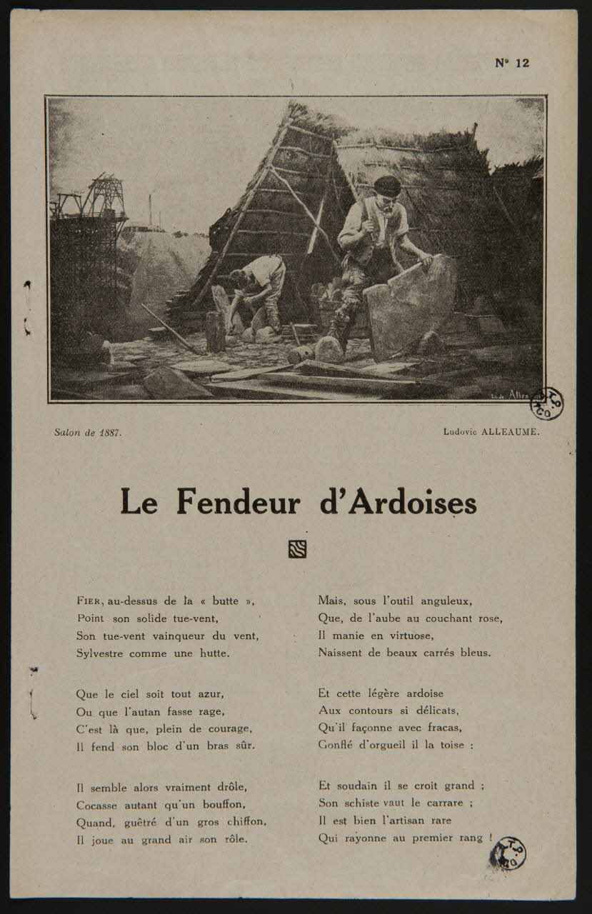 Alleaume Ludovic ; Siraudeau J. estampe Le Fendeur d'Ardoises Angers 1904 1939.45.1 Photo Mucem