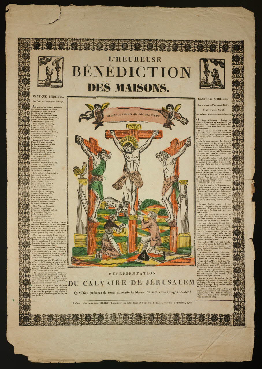imagerie ancienne L'HEUREUSE  BENEDICTION  DES MAISONS.  REPRESENTATION  DU CALVAIRE DE JERUSALEM 1939.5.1 Photo