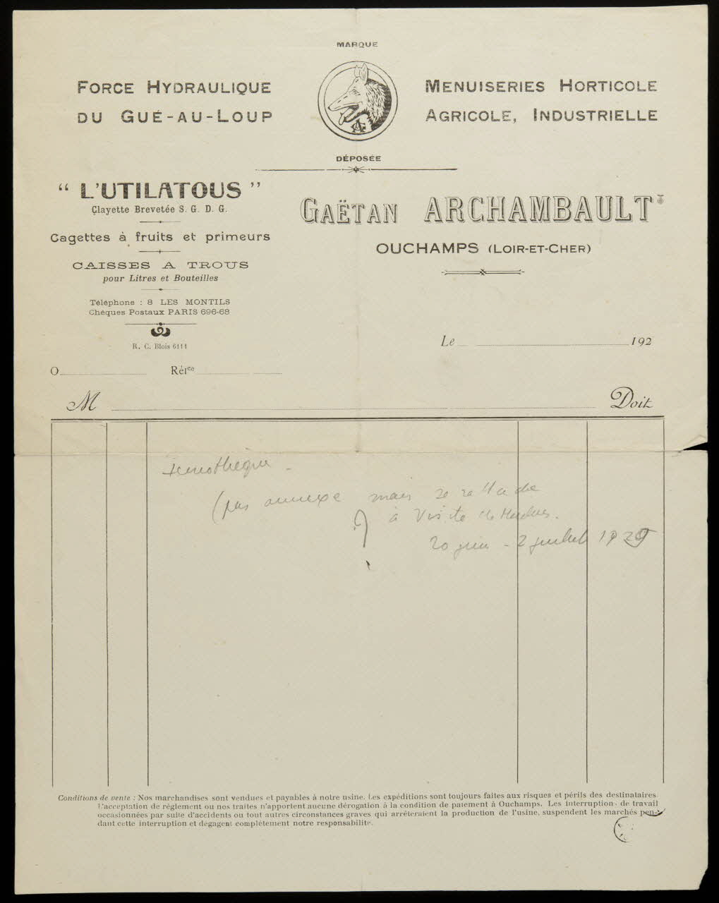 facture FORCE HYDRAULIQUE  DU GUE-AU-LOUP France 1920-1929 1940.6.1 Photo