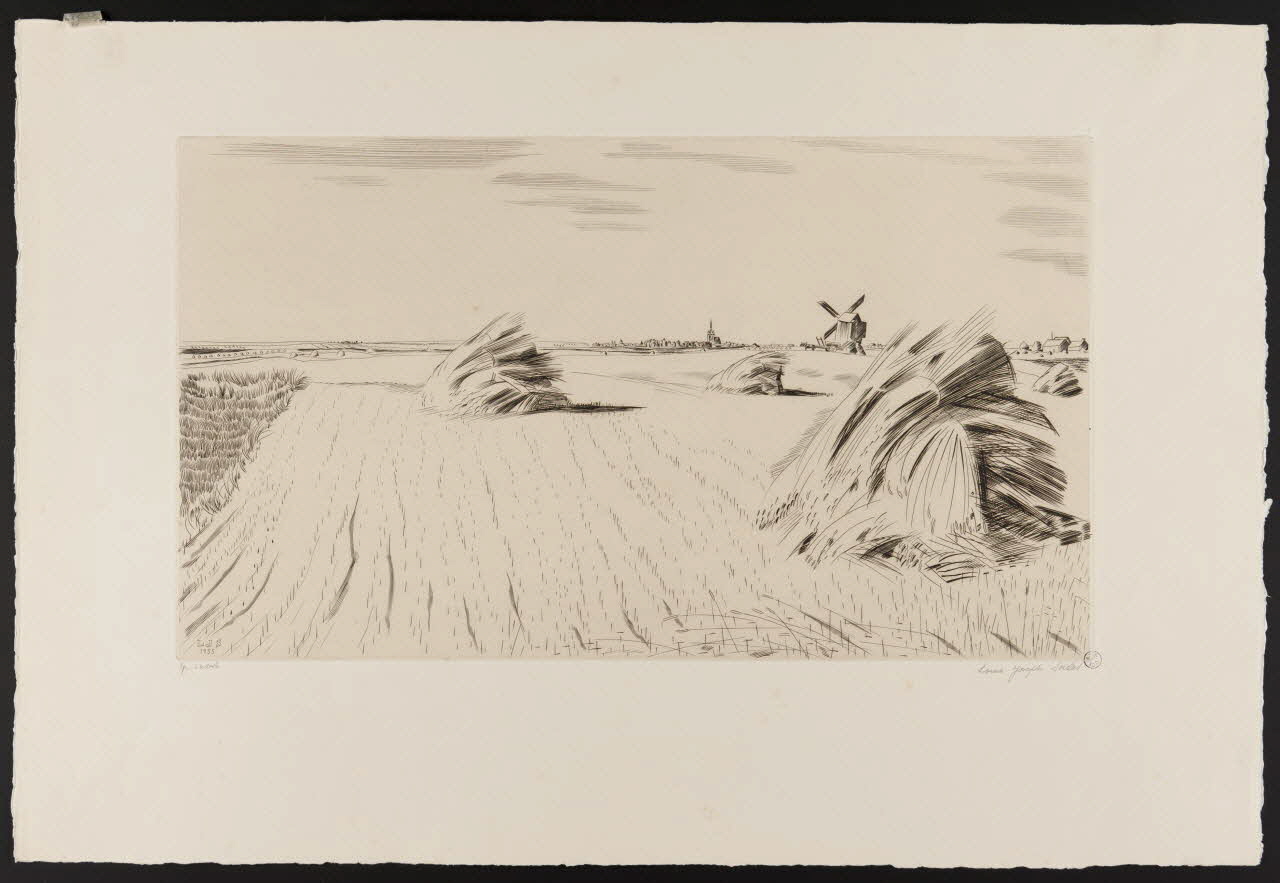 Soulas Louis Joseph estampe Tas de gerbes et village France 1935 1942.2.18 Photo