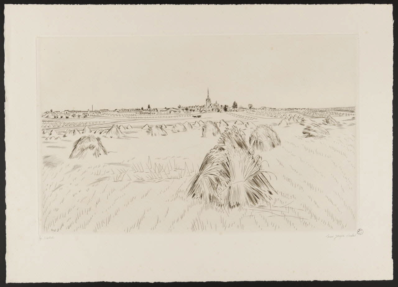 Soulas Louis Joseph estampe Tas de gerbes, village dans le lointain France 1942 1942.2.6 Photo