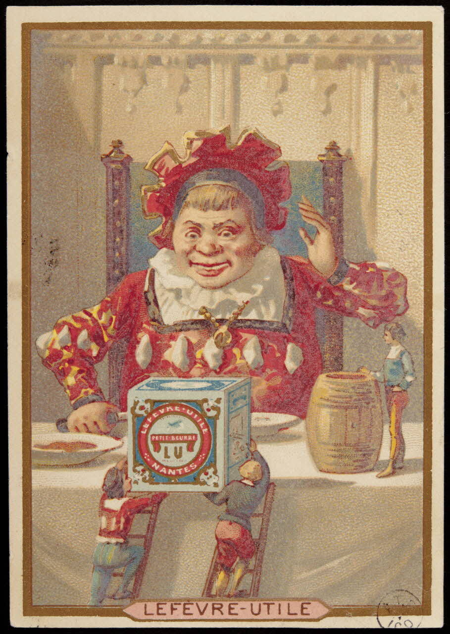 carte réclame Des petits hommes apportent une boîte de biscuits à un homme attablé 1942.26.157 Photo