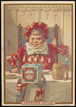 carte réclame Des petits hommes apportent une boîte de biscuits à un homme attablé 1942.26.157 Photo